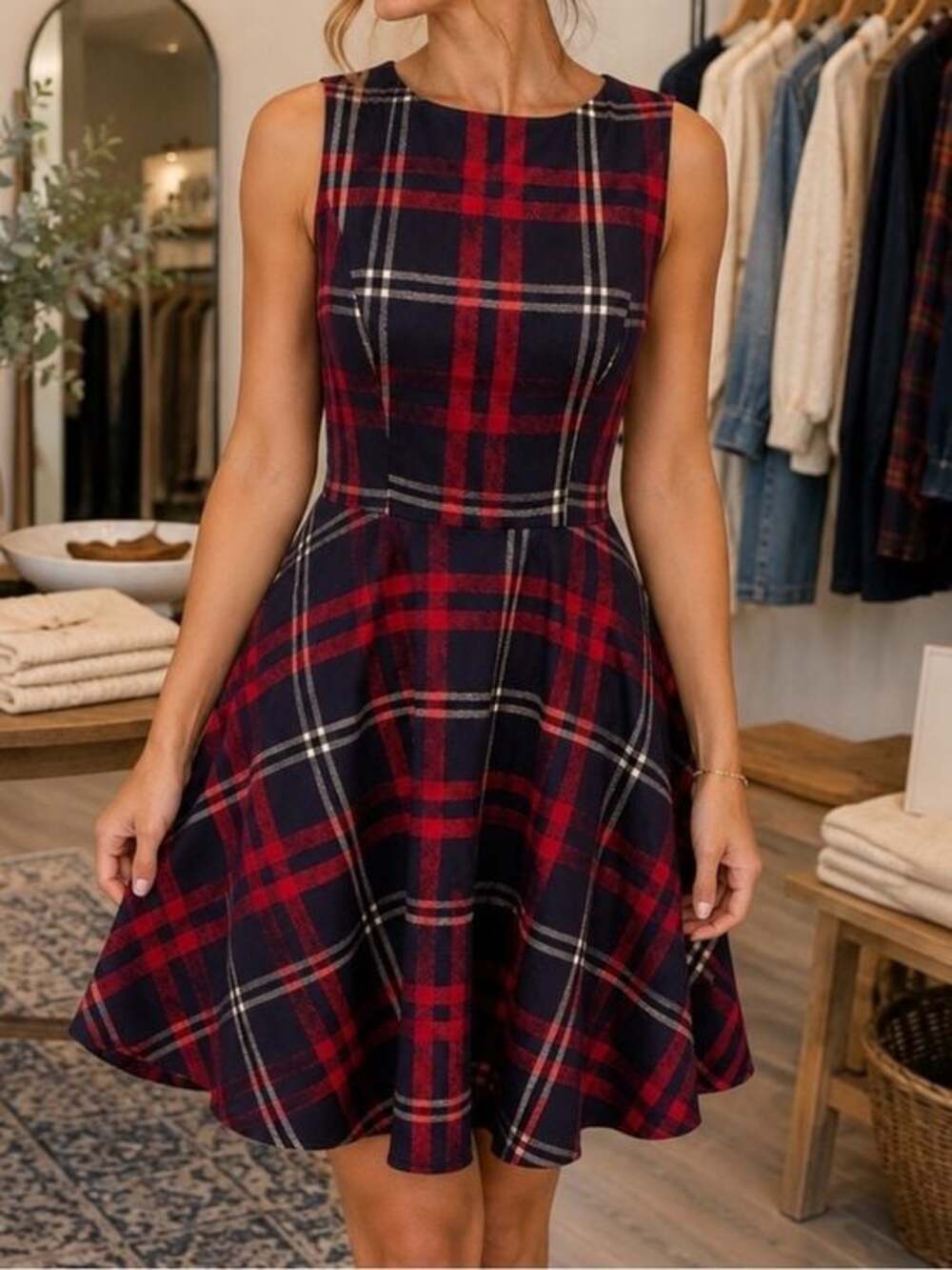 Hampeers Plaid Fit & Flare Dress Navy Red Tartan Sleeveless Size Small